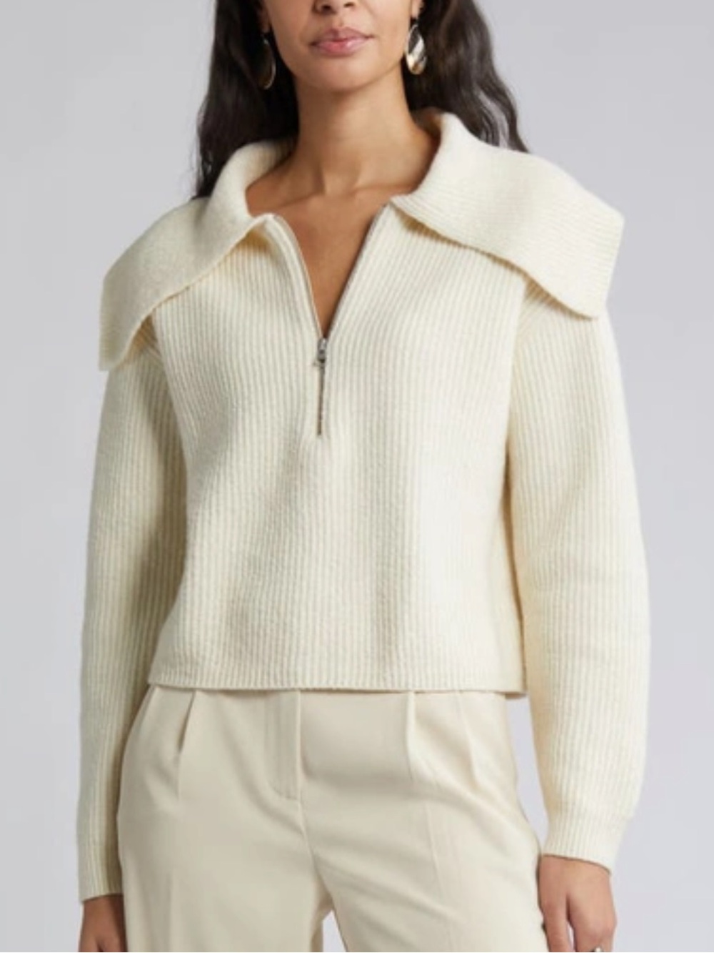 Open Edit Rib Half Zip Sweater - Ivory Dove, S